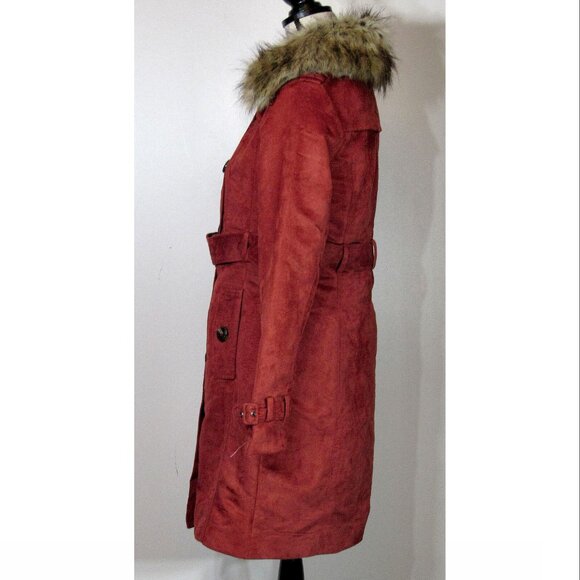 Steve Madden Faux Suede Faux Fur Collar Trench Coat, Red Orange Womens Size S - Picture 7 of 8